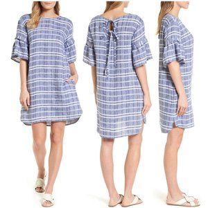 NWOT Caslon Tie Back Linen Dress Small Petite Navy White Plaid